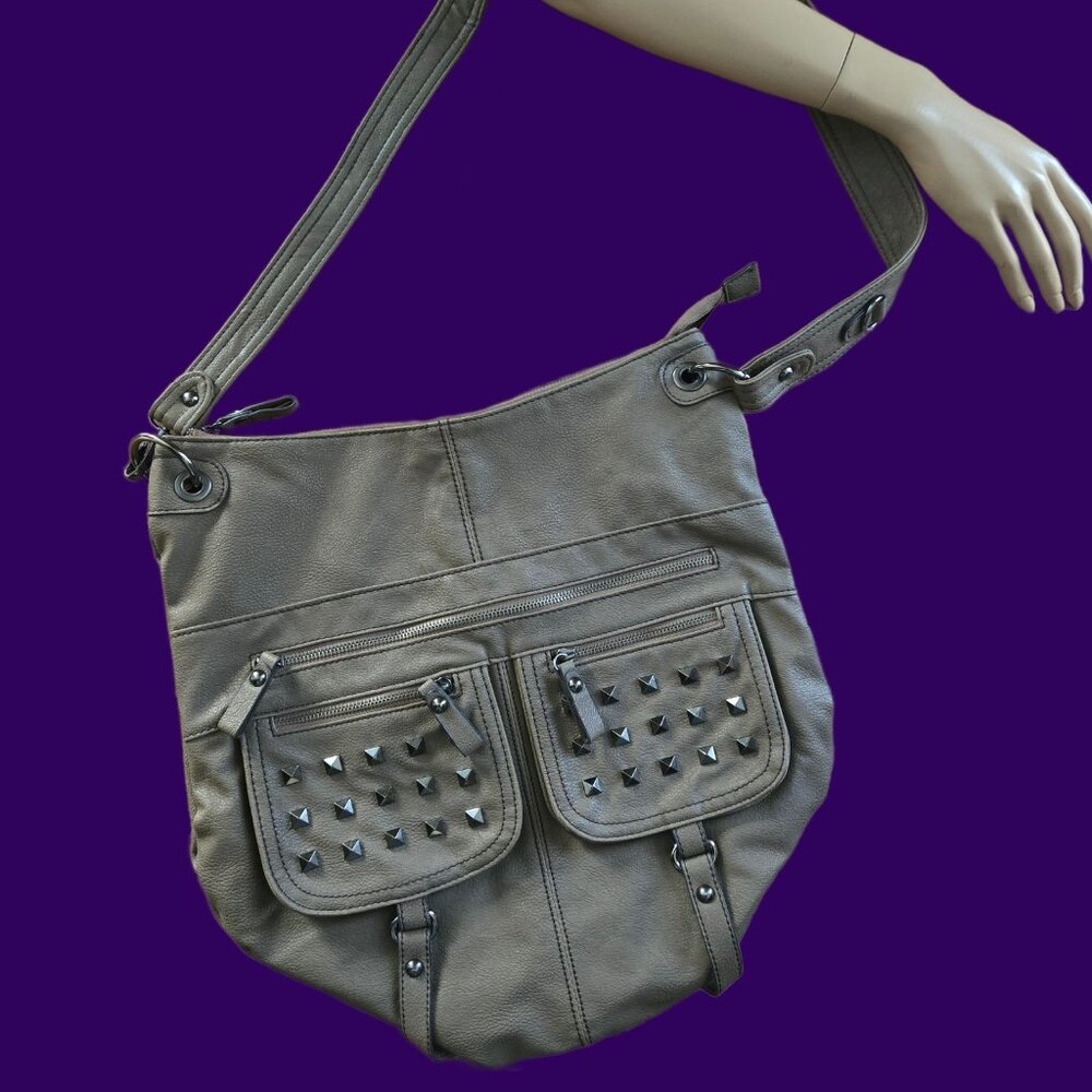 Y2K Aldo Large Crossbody Bag Studded Gray Faux Leather Emo Indie Sleaze Grunge